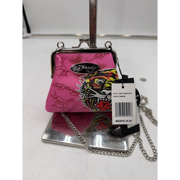 Ed Hardy Handbags - Ed Hardy Pink Tiger Tattoo Kiss Lock Coin Purse Chain Strap EHW11705N-42-PKR NEW